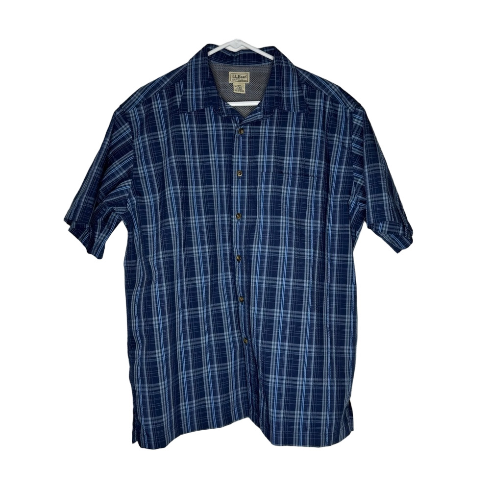 L.L. Bean Men's Outdoor Button Up Navy Checkered Shirt Performance Fishing Large